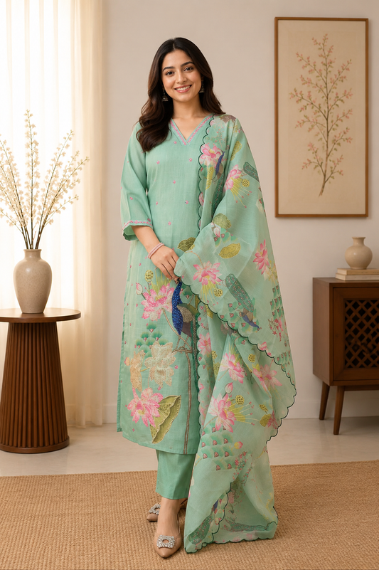 New Designer Mint Green Linen Cotton Suit Set with Handwork