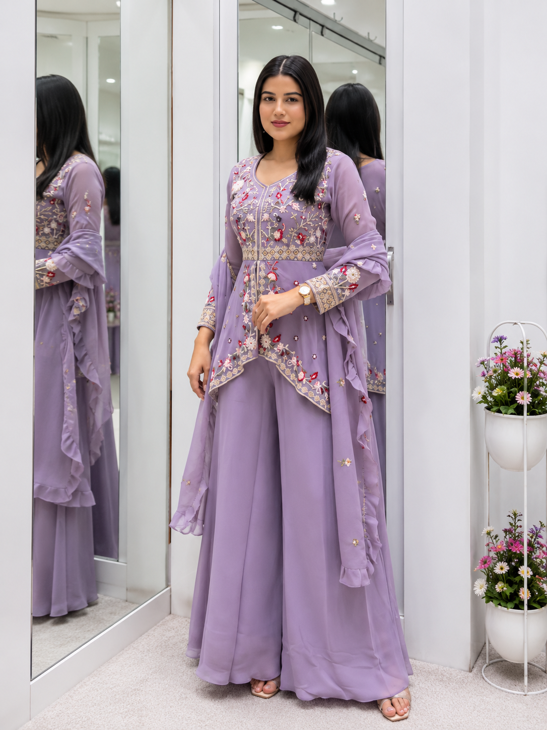 Very Beautiful Lavender Rangoli Silk Embroidered Suit Set
