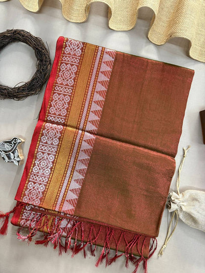 BEAUTY - BROWN TEMPLE DESIGNE HANDLOOM TISSUE COTTON SAREE