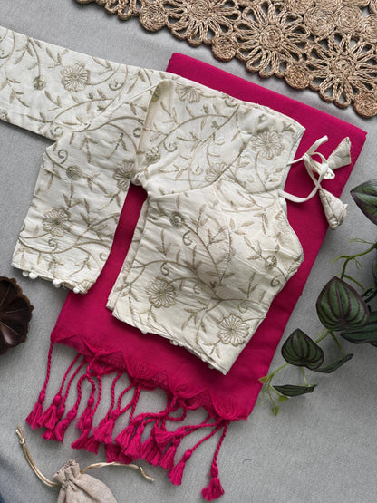 Beautiful- Baby Pink Handloom Cotton Saree With Havy Embroidery Work Stitched Blouse