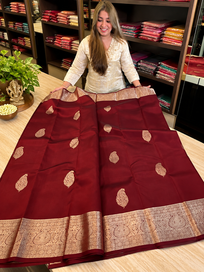 Premium Wine Soft Banarasi Silk Saree with Antique Gold Zari