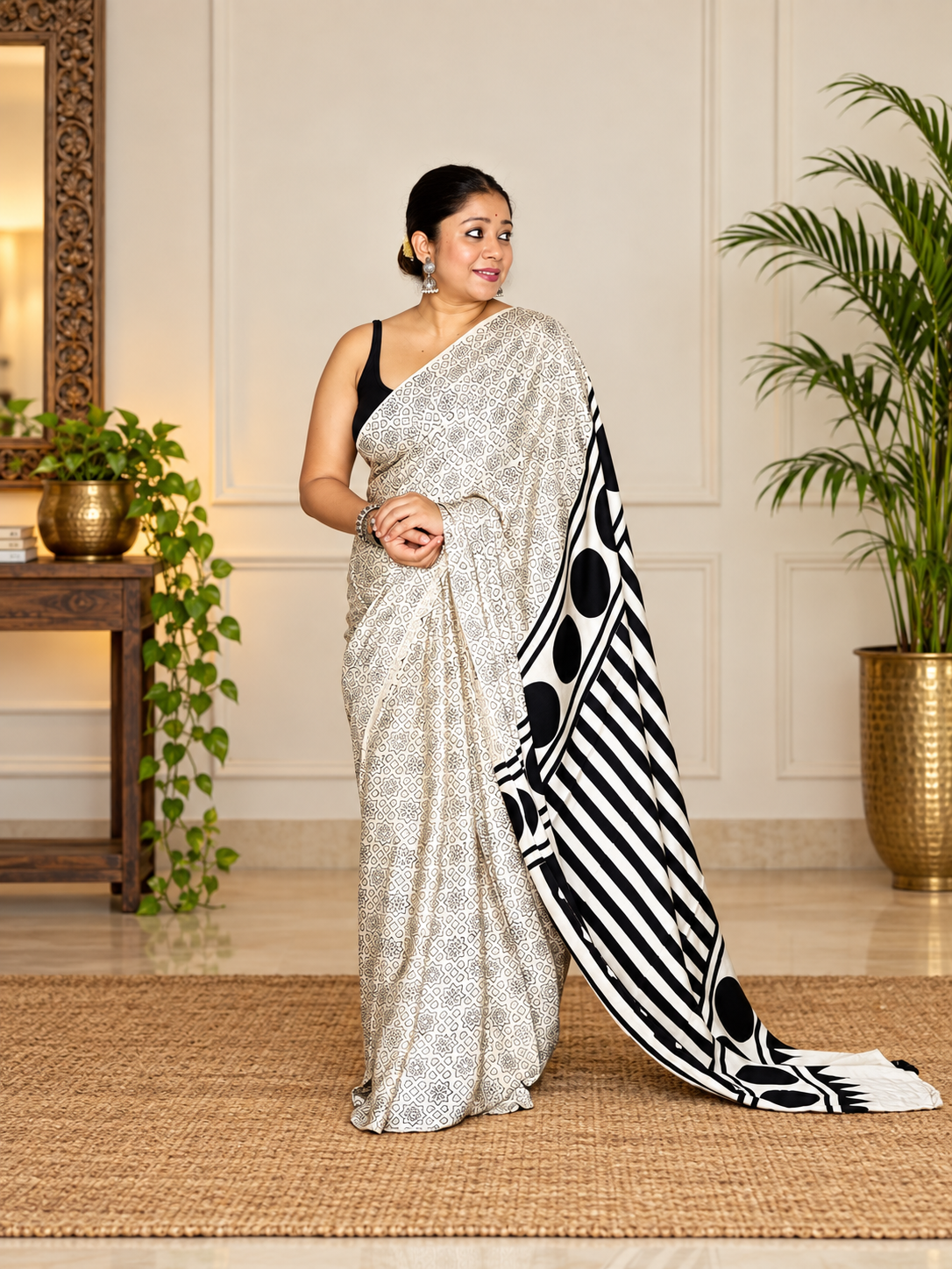 Gratifying Off White Blockprint Print Modal Silk Saree