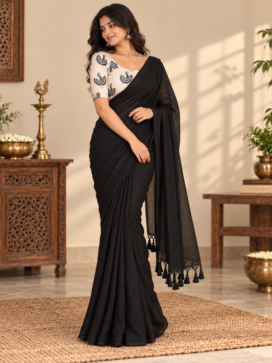 Artisanal Black Handloom Saree with Stiched Blouse