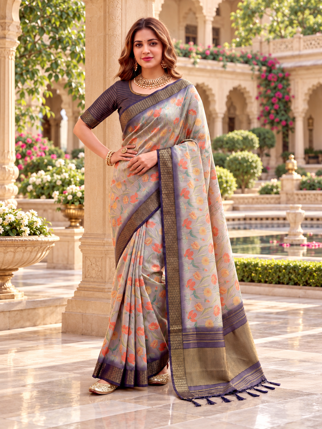 Mist Grey Floral Printed Soft Tissue Silk Saree with Rich Antique Zari Border
