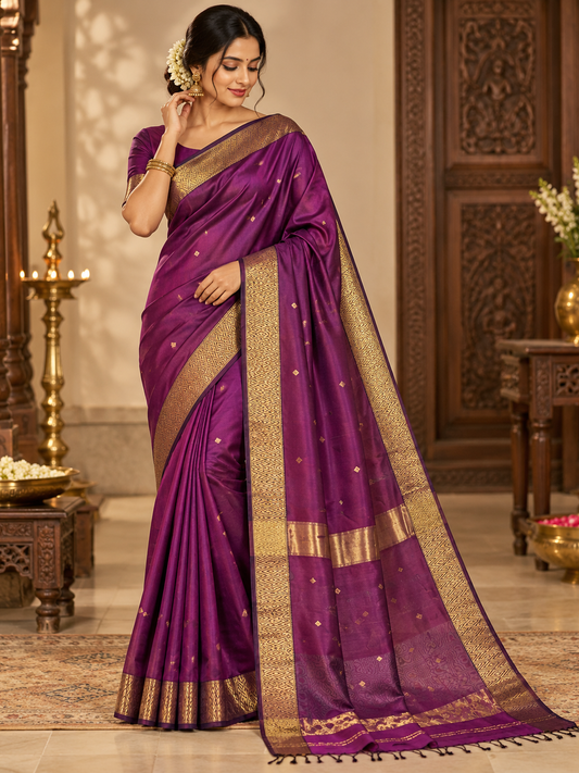 Elegant Purple Handloom Maheshwari Cotton Silk Saree