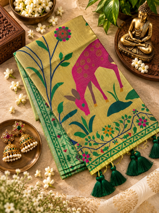 Traditional Muga Cotton Paithani Saree with Woven Deer Motif