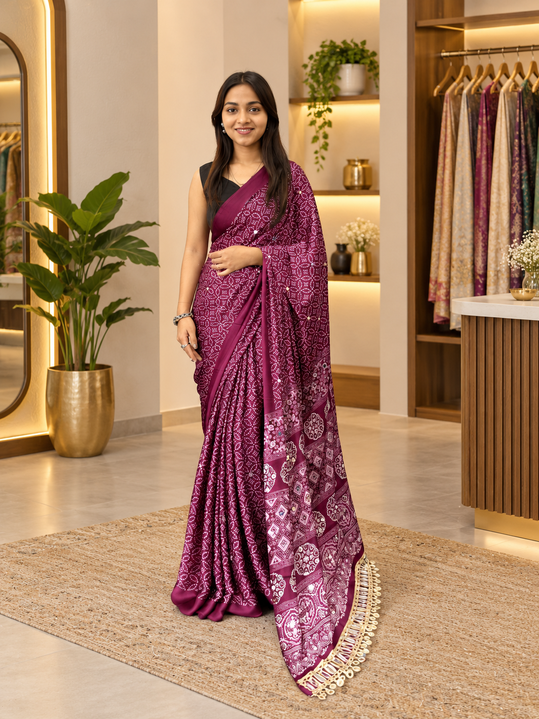 Celeb Inspired Deep Wine Gajji Silk Saree with Premium Mirror Work & Tassel Border