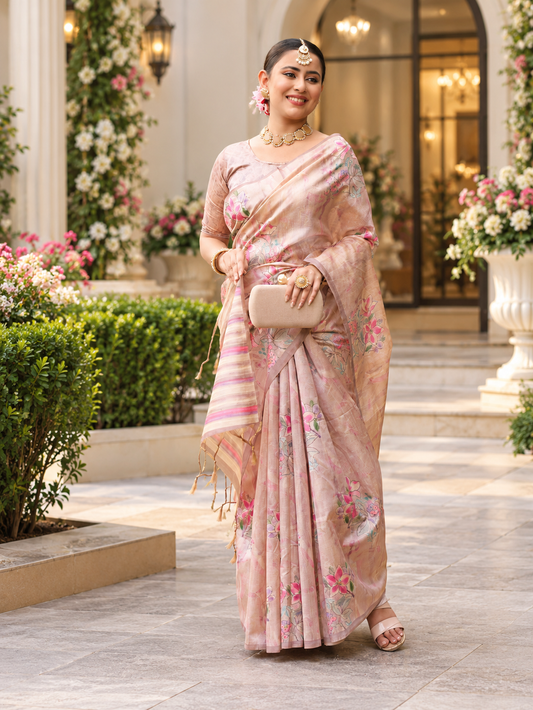 Vintage Rose Beige Soft Tussar Silk Saree with Elegant Floral Print Work