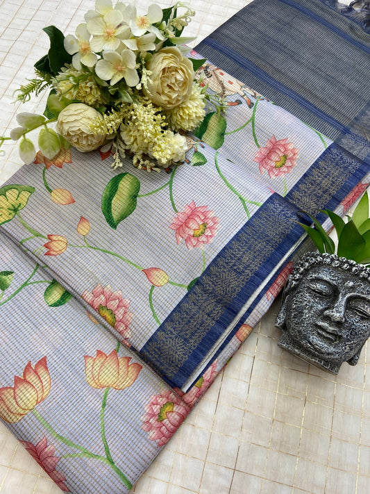 Shanaya - Light Grey Pichwai Print Soft Tussar Silk Saree