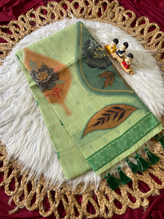 Avira Sage Green Floral Muga Cotton Weaving Saree