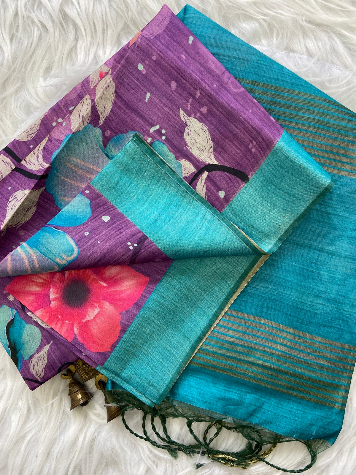 Indrani Purple-Turquoise Floral Print Soft Tussar Silk Saree