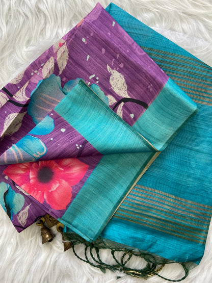 Indrani Purple-Turquoise Floral Print Soft Tussar Silk Saree