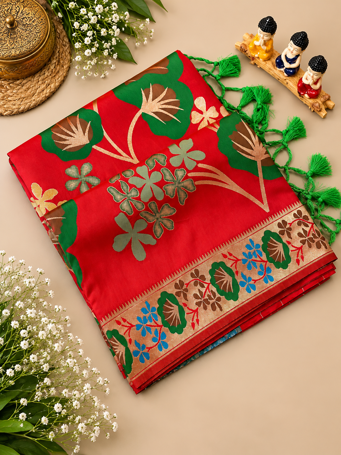Premium Red Soft Silk Saree with Zari Weaving and Tassels