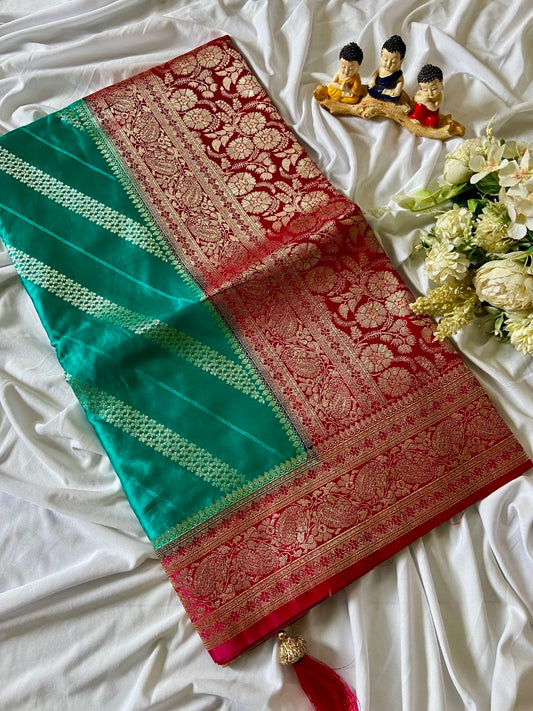 Ishika - Emerald Green & Red Pure Banarasi Silk Saree with Rich Gold Zari Weaving