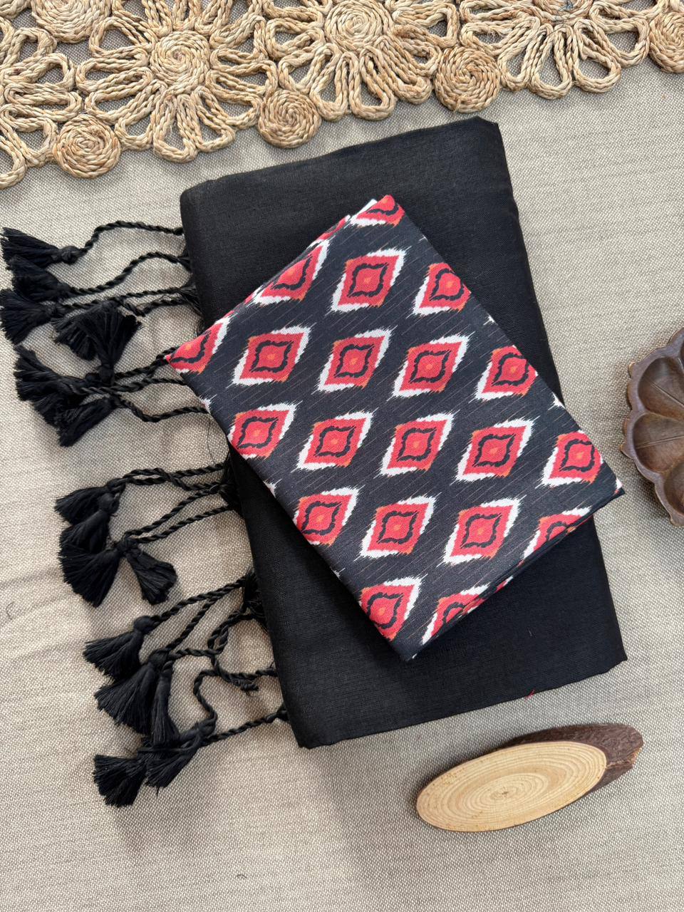 Dharma Exclusive - Black Handloom Cotton Saree With Printed Blouse