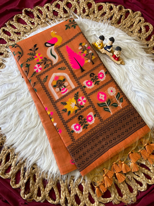 Traditional Rust Orange Soft Jamdani Cotton Saree with 3D Woven Peacock Pallu