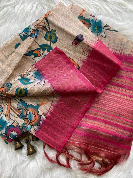 Elegant Floral Print Soft Tussar Silk Saree with Zari Border