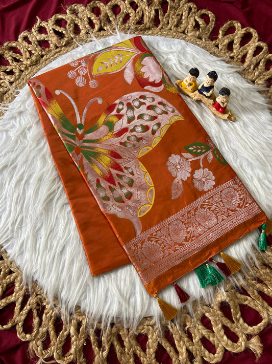 Avyanna Rust Orange Soft Silk Butterfly Motif Saree With Zari Border