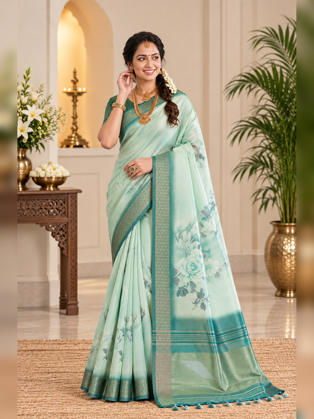 Festive Sea Green Soft Tissue Silk Saree with Floral Digital Prints