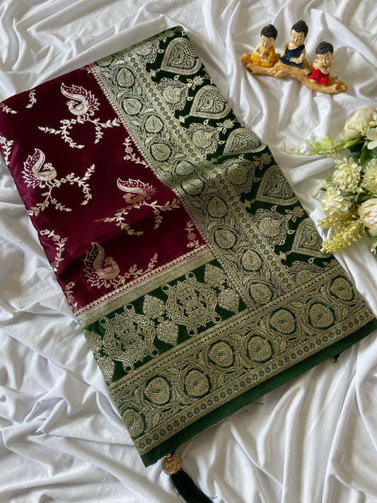 Premium Royal Wine Pure Banarasi Silk Saree | Royal Gold Zari Weaving