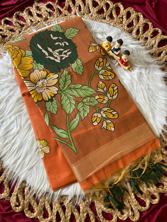Gorgeous Rust Orange Soft Muga Cotton Resham Weaving Saree