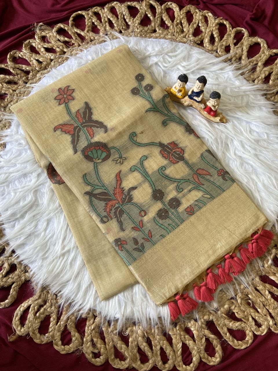 Vedika - Beige Gold Resham Woven Soft Muga Cotton Saree