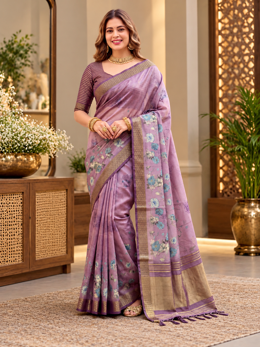 Mauve Lavender Floral Print Soft Tissue Silk Saree with Antique Gold Zari Border