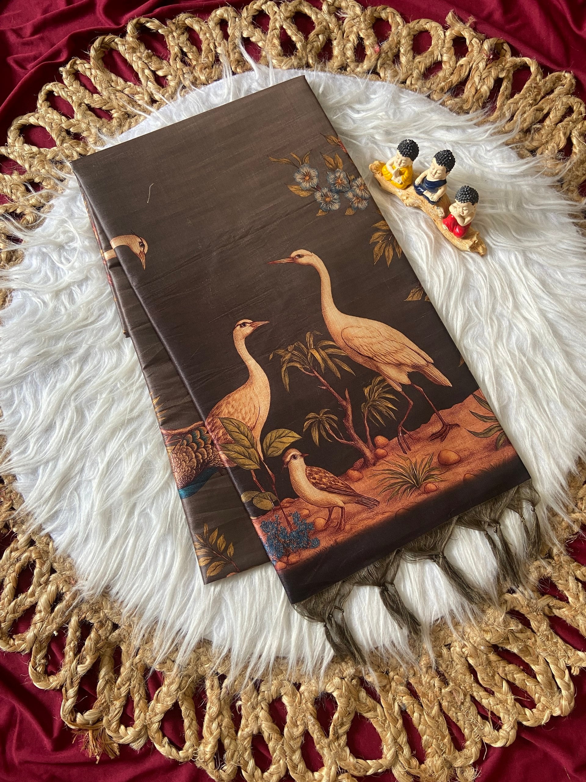 Very Attractive Charcoal Grey Crane Print Soft Tussar Silk Saree