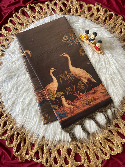 Very Attractive Charcoal Grey Crane Print Soft Tussar Silk Saree