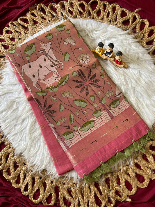 Aarohi Rose Pink 3D Woven Soft Muga Cotton Paithani Saree