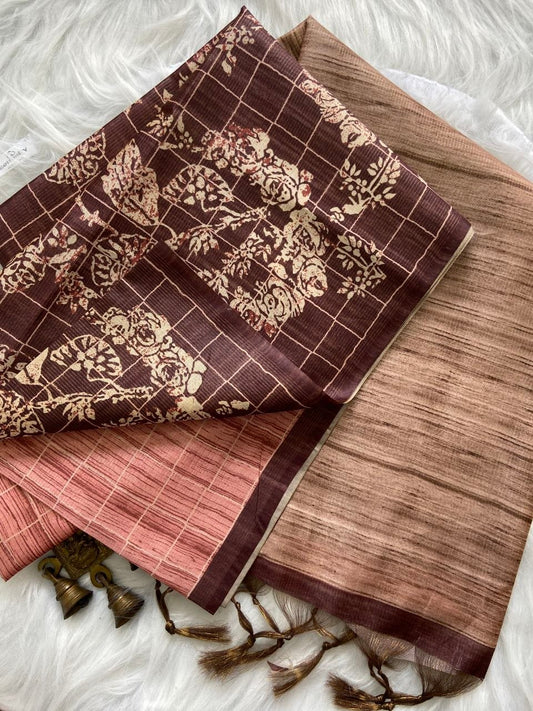 Vritika - Mahogany Brown Digital Printed Soft Tussar Silk Saree
