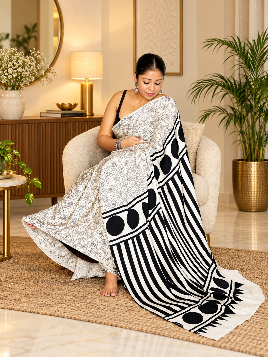 Gratifying Off White Blockprint Print Modal Silk Saree