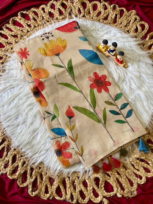 Attractive Cream Beige Red Floral Handcrafted Aari Work Tissue Silk Saree