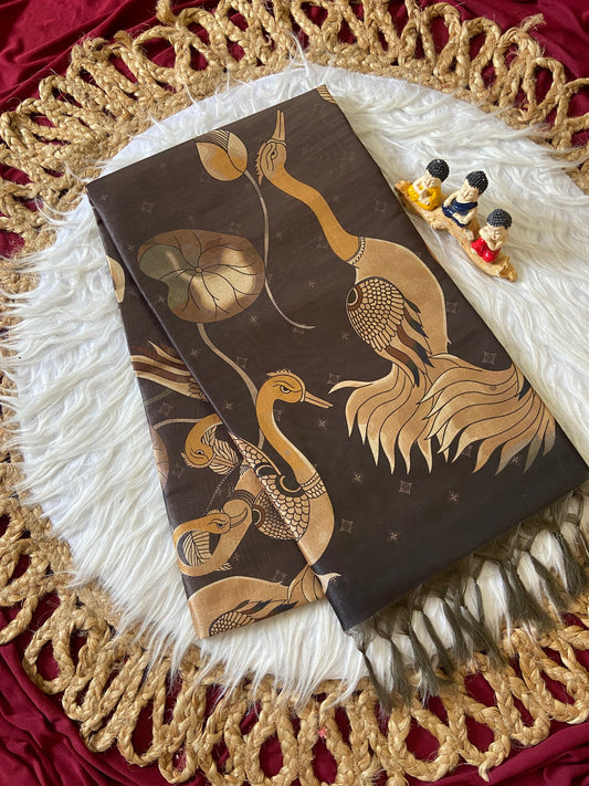 Elegant Coffee Brown Crane Motif Soft Tussar Silk Saree