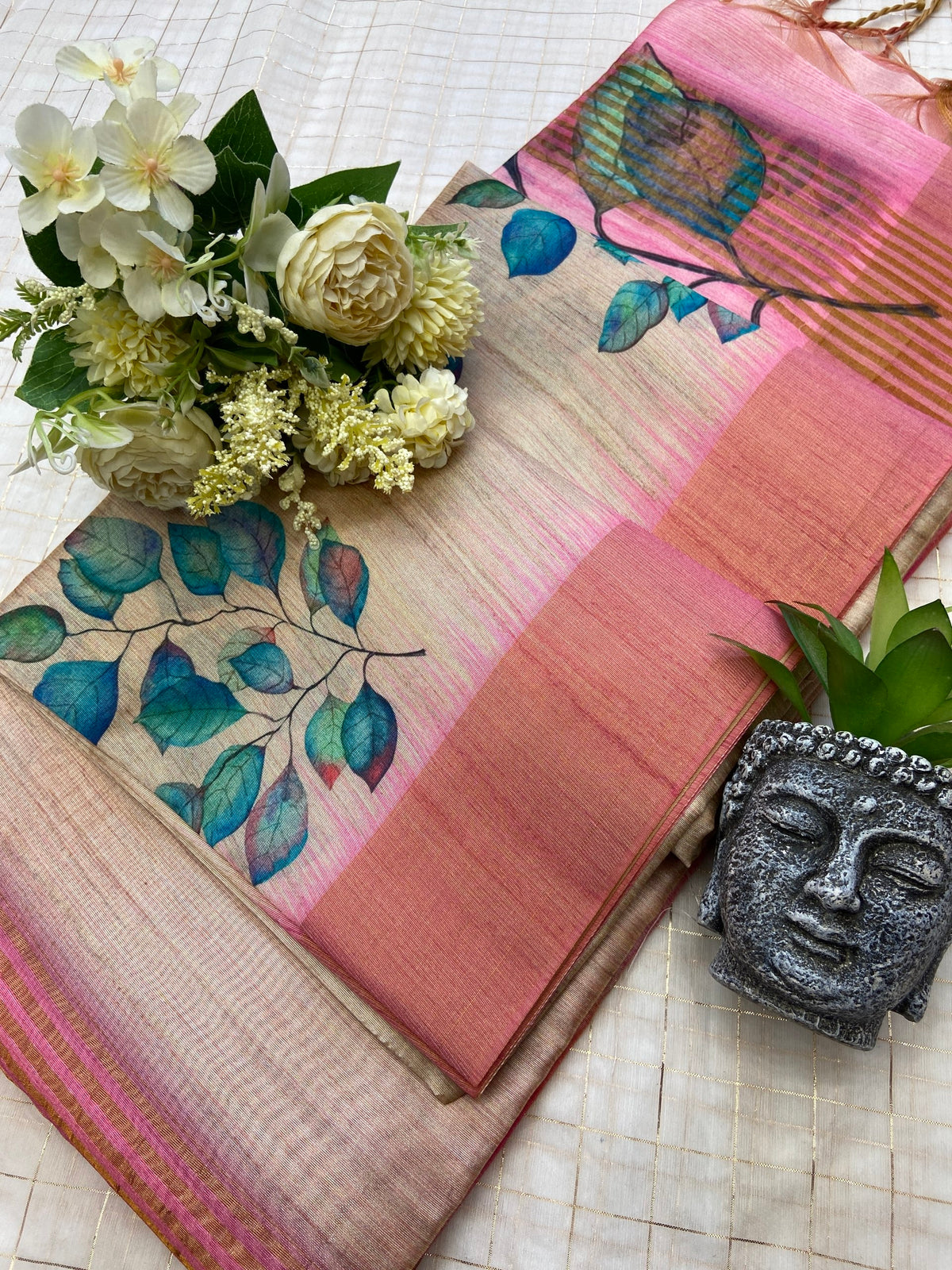 Beautiful Coral Pink Soft Tussar Silk Saree with Teal Botanical Print