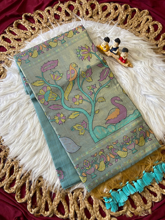Vamika Misty - Aqua Green Soft Muga Cotton Paithani Saree