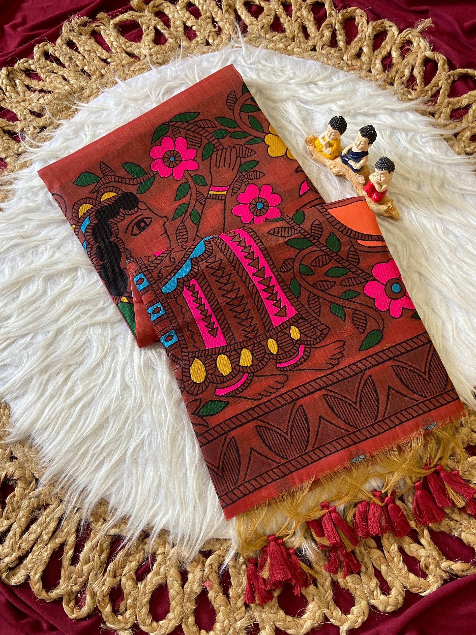 Traditional Madhubani Brick Red Soft Muga Cotton Resham Weaving Saree