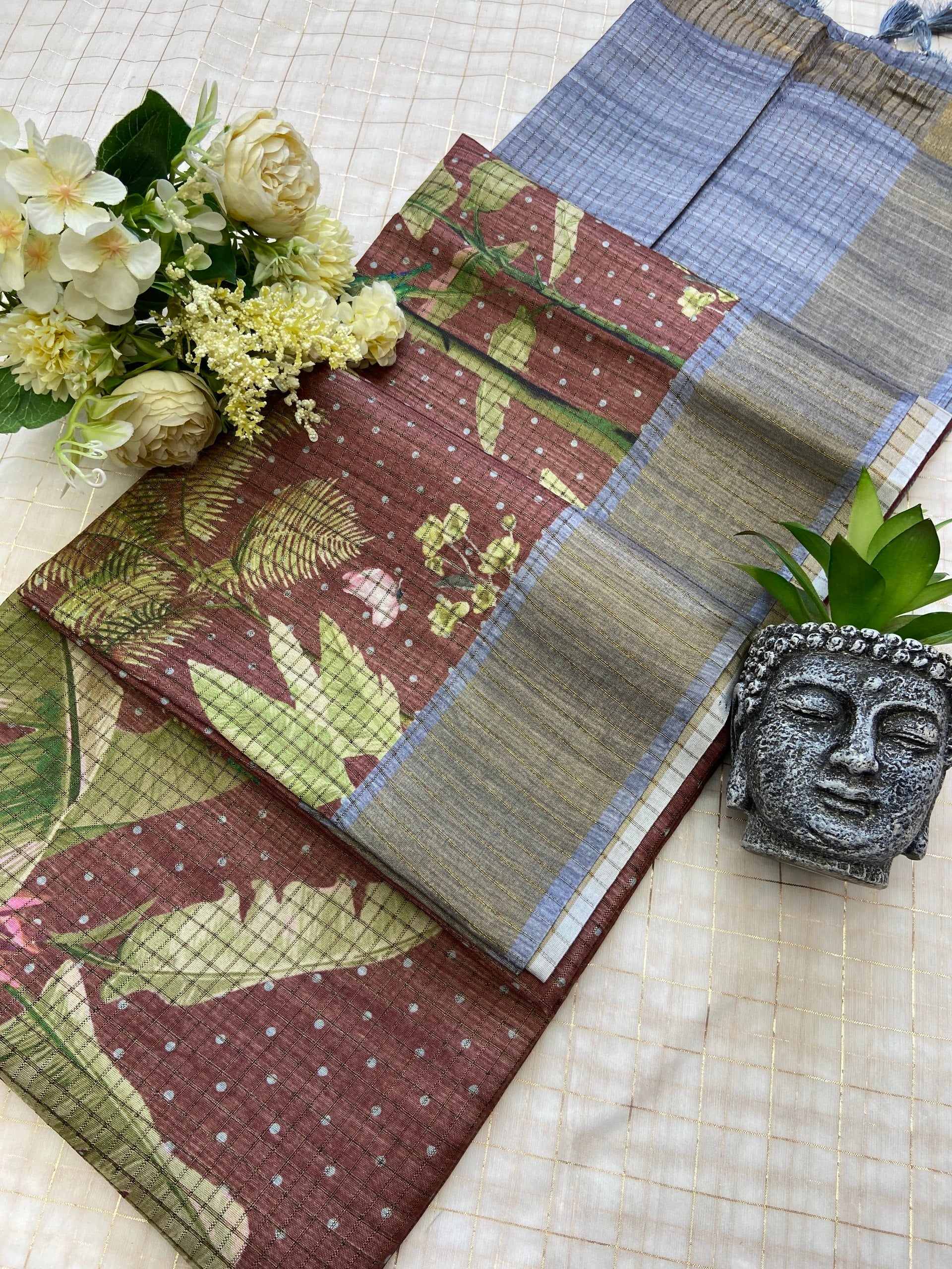 Ishvika Cocoa Brown Botanical Print Tussar Silk Saree