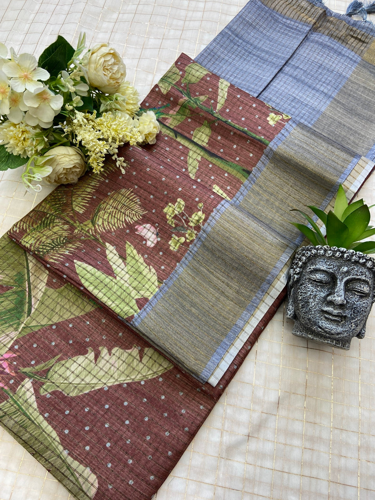 Ishvika Cocoa Brown Botanical Print Tussar Silk Saree