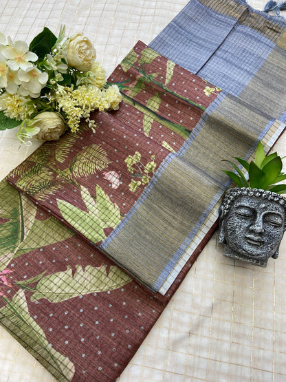 Ishvika Cocoa Brown Botanical Print Tussar Silk Saree