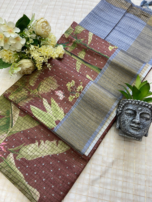 Ishvika Cocoa Brown Botanical Print Tussar Silk Saree