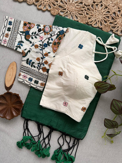 Attractive - Green Handloom Cotton Saree With Havy Embroidery Work Stitched Blouse
