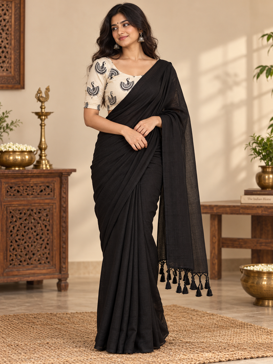Artisanal Black Handloom Saree with Stiched Blouse