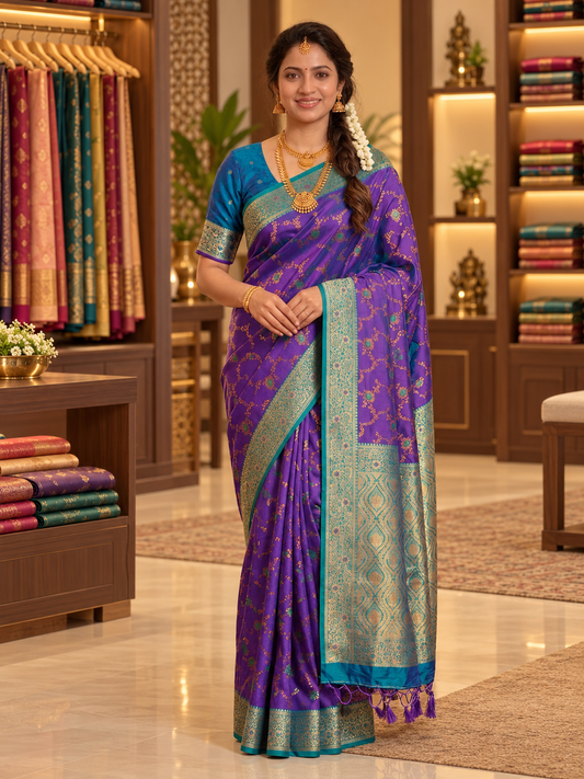 Ishani Purple Paithani Silk Saree with Turquoise Golden Zari Weaving