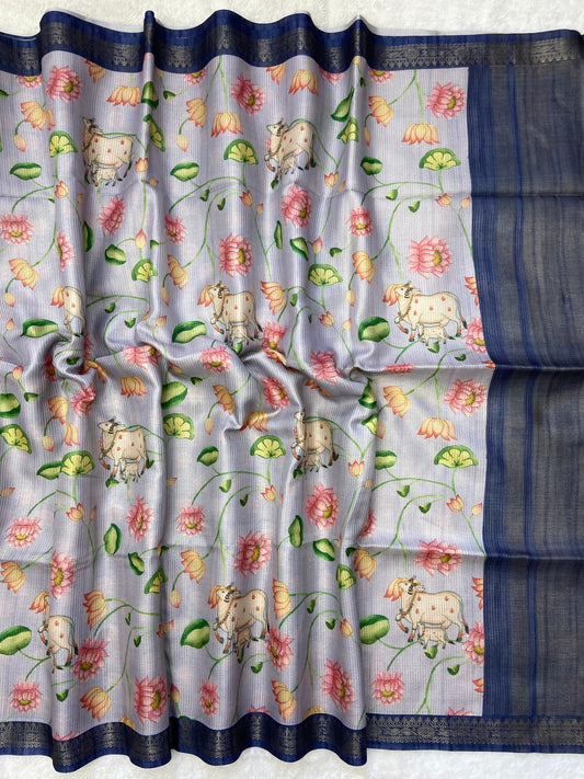 Shanaya - Light Grey Pichwai Print Soft Tussar Silk Saree