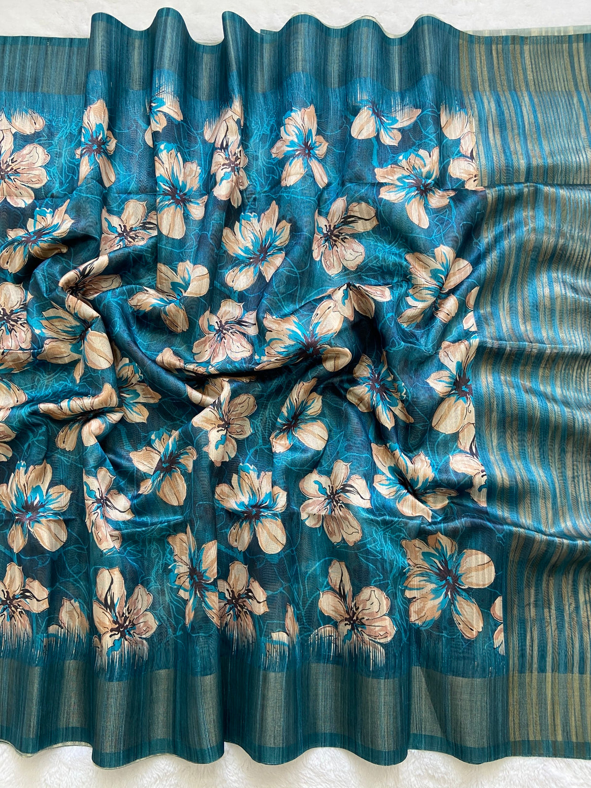 Premium Teal Blue Floral Prints Soft Tussar Silk Saree with Tassel Pallu