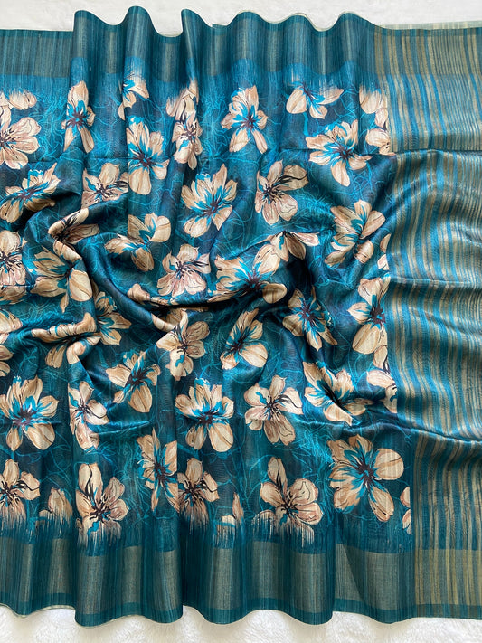 Premium Teal Blue Floral Prints Soft Tussar Silk Saree with Tassel Pallu