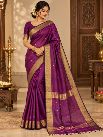 Elegant Purple Handloom Maheshwari Cotton Silk Saree