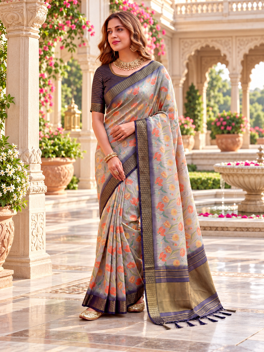 Mist Grey Floral Printed Soft Tissue Silk Saree with Rich Antique Zari Border