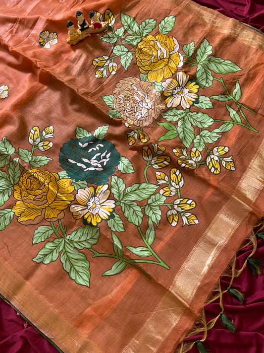 Gorgeous Rust Orange Soft Muga Cotton Resham Weaving Saree